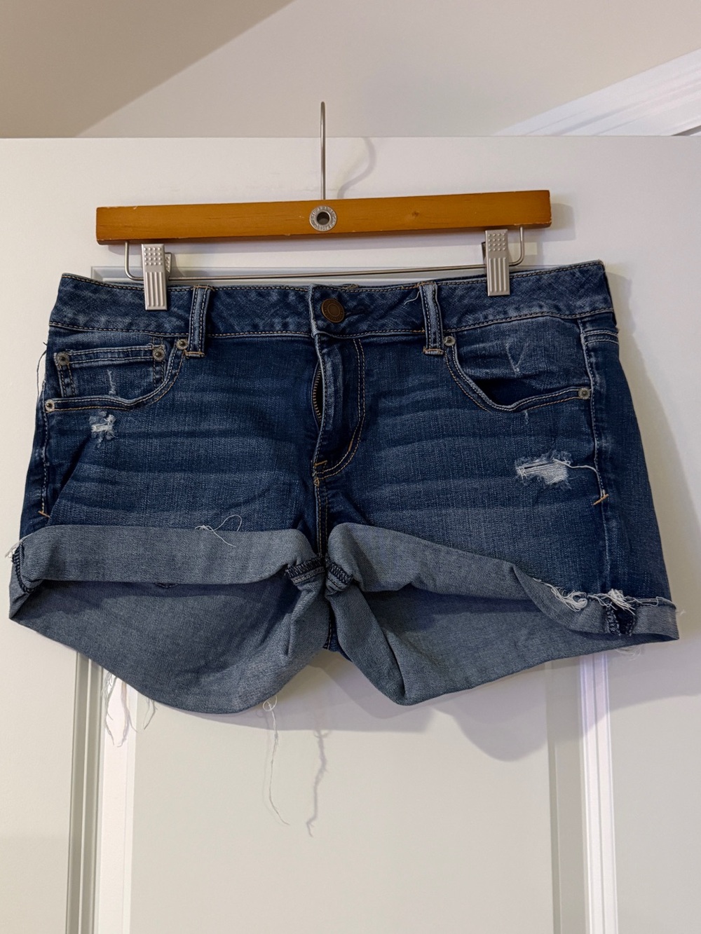 American Eagle Outfitters Dark Blue Rolled Cuff Distressed Denim Shorts